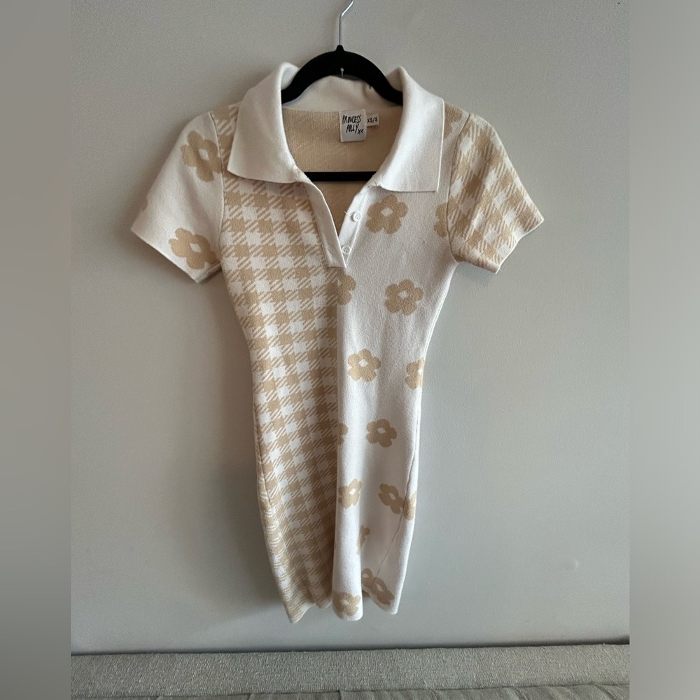 Princess Polly white & beige knit collared dress